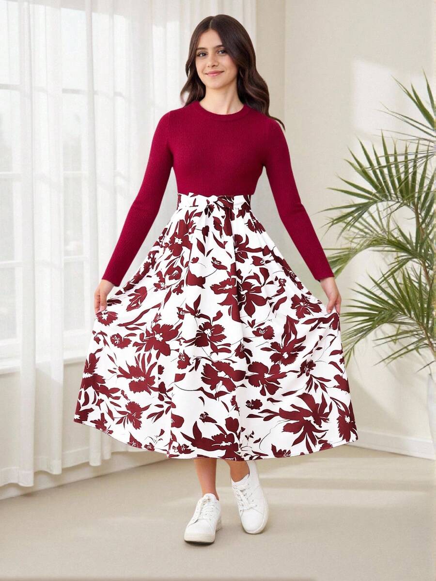 SHEIN Váy xòe in họa tiết khối màu thanh lịch cho bé gái tuổi teen, váy dệt co giãn cổ tròn tay dài - Nhiều màu - Xem 1