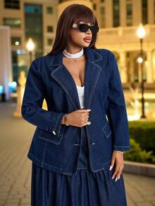 Slaydiva Plus Size Women's Stretchy Denim Jacket, Dark Blue Washed Denim Tailored Silhouette Long Denim Coat Old Money Elegant Spring - Dark Wash - View 6