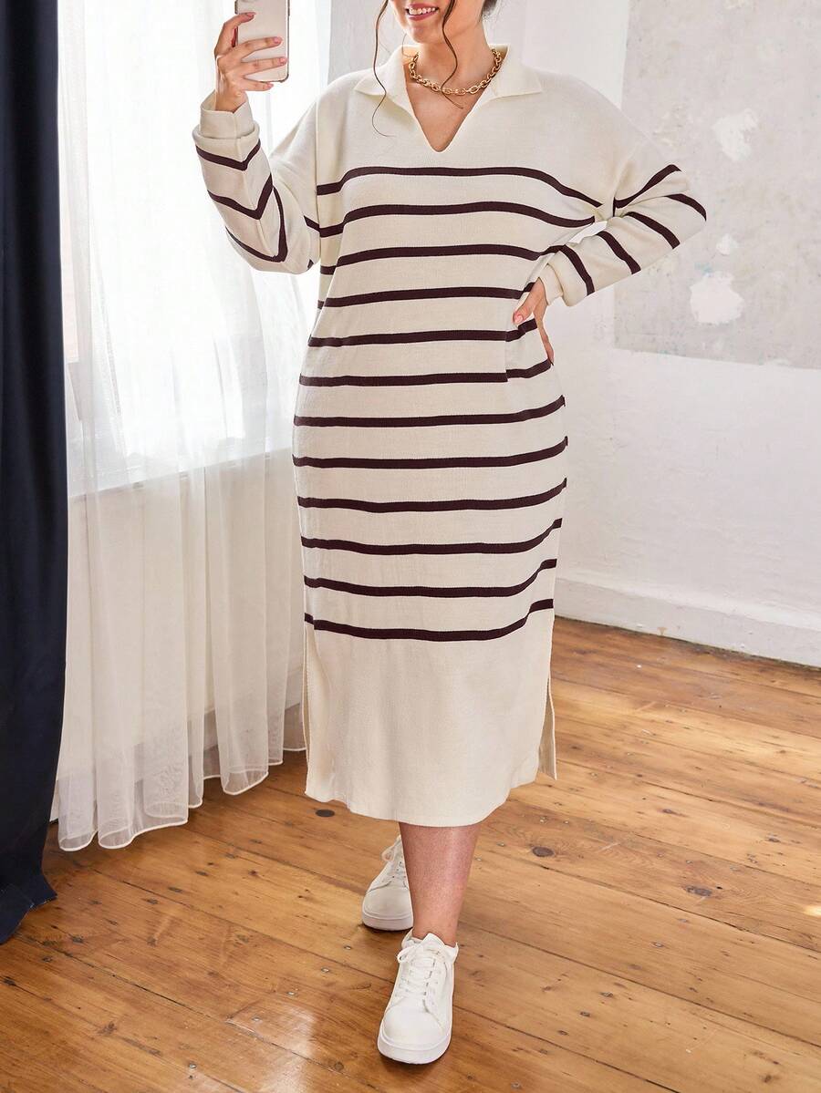 EURMUSE Striped Pattern Split Hem Sweater Dress - Brown - View 1