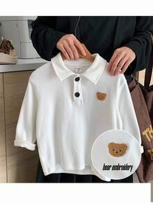SHEIN Young Boy Solid Color Bear Graphic Polo Shirt Fall Winter - White - View 1