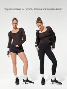 GLOWMODE Erhöhen Sie Ihre Energie mit einem bequem warmen, reflektierenden Logo-Pullover mit quadratischem Kragen und Daumenöffnungen, ideal für Laufen, Joggen, Wandern, Fitness und den täglichen aktiven Lebensstil - Schokoladenbraun - Übersicht 6