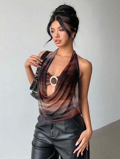 Aloruh 全新性感半透明低胸扎染印花现代金属装饰露背吊带背心，适合派对、优雅约会、秋季穿着、度假