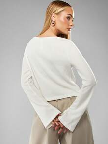 MISSGUIDED Ribbed Knit Long Sleeve Top Fitted Crew Neck Pullover Sweater Fall Winter Casual - White - View 2