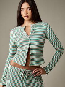 MISSGUIDED Zestaw w paski z guzikami i ściągaczem, długi rękaw, skrócony top, szerokie nogawki, strój domowy, swobodny, jesienno-zimowy, pasujący zestaw - Niebieski - Zobacz 7