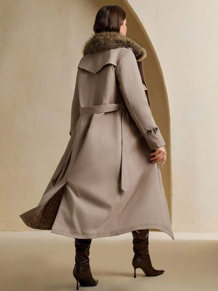 Jaqueta Corta-Vento com Gola de Pele Sintética da Moda, Adequada para Outono, Inverno, Ano Novo, Elegante, Chique, Estilosa, Natal, Saída, Vestuário de Inverno Feminino