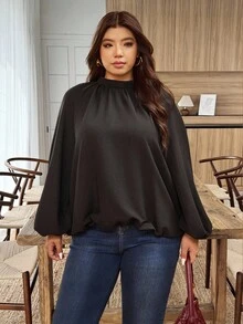 Weeklong Plus Size Solid Color Lantern Sleeve Back Split Tie Waist Shirt Fall Cloth For Women - Black - View 4
