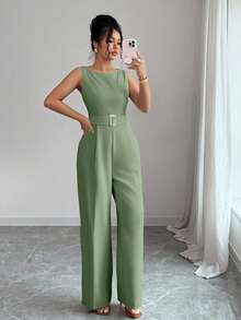 Selianne 法式浪漫一字肩无袖高腰腰带光滑面料金属扣装饰阔腿直筒女连体裤女夏装女办公室服装外出服装 - 薄荷綠 - 查看 6