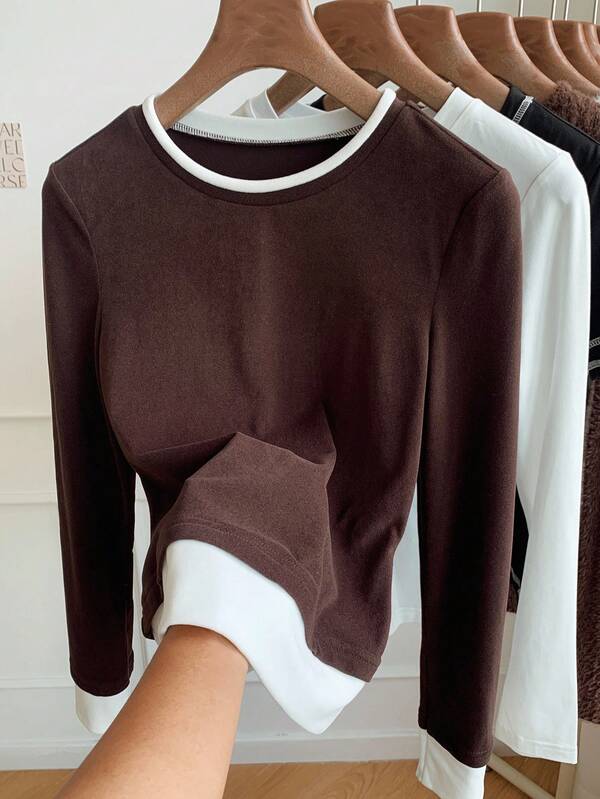 Comfortcana Women's Casual Mid-Thick Round Neck Long-Sleeved Imitation Two Pieces T-Shirt,Brown Top