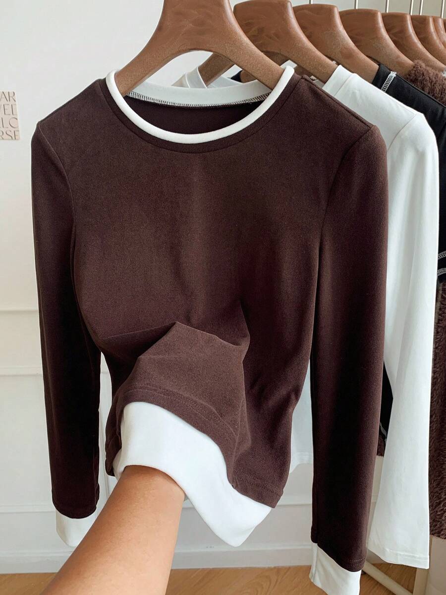 SHEIN Comfortcana Áo thun nữ hai mảnh cổ tròn tay dài, dày vừa phải, thường ngày - Cà phê nâu - Xem 1