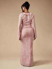 MISSGUIDED Elegant Textured Ruffle Trim V Neck Tie Front Long Sleeve Maxi Co Ord With Bell Cuffs Evening Wedding Guest Occasion Wear Spring Summer Attire - Pink - View 2