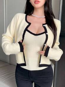 DAZY 2 件女式撞色吊带背心开衫套装，秋季 - 米色 - 查看 3