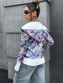 SHEIN ICON Women's Vintage Floral & Animal Print Drawstring Hooded Sweatshirt In Fall/Winter - Multicolor - View 2