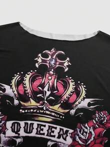 SHEIN Sommer Damen Sexy Retro Königin Krone Muster asymmetrischer Ausschnitt Schwarz Kurzarm T-Shirt, Lässig & Modisch - Verschiedenfarbig - Übersicht 3