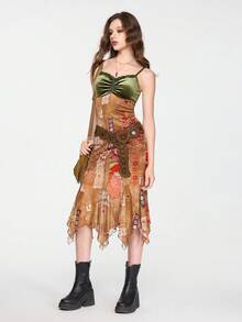 ROMWE Hippie Vintage Textured Color Block Ruched Velvet Dress For Women - Multicolor - View 7