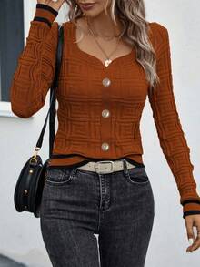 EMERY ROSE Women's Contrast Color Textured Minimalist Everyday Long Sleeve Knit Sweater - Brown - View 6