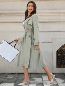 EMERY ROSE Women's Solid Front Button Pocket Simple Casual Trench Coat - Green - View 1