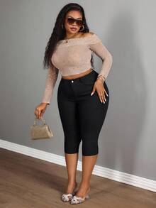 Slaydiva Plus Size Women Black Elastic Rhinestone Embellished Casual Capri Pants - Black - View 6