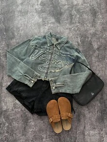 Attitoon Áo khoác denim mùa đông thu cổ điển Y2k cho nữ tay dài có viền tua rua phía trước, mặc hàng ngày - Rửa nhẹ - Xem 4