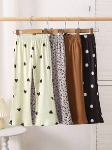 4 件套年轻女孩喇叭裤，波尔卡圆点，豹纹，千鸟格，纯黑色复古时尚百搭紧身裤，适合春、夏、秋、冬