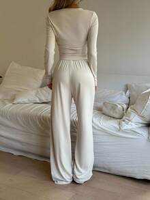 SHEIN Tween Girls Long Sleeve T-Shirt & Wide Leg Pants Co-Ord Set, Light Apricot - Apricot - View 3