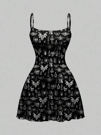 Goth Vestido mini gótico y oscuro con diseños de calavera, polilla, murciélago y araña para mujeres, Halloween