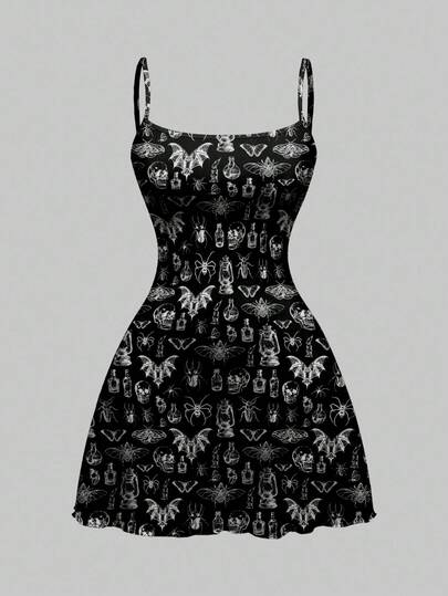 Goth Vestido mini gótico y oscuro con diseños de calavera, polilla, murciélago y araña para mujeres, Halloween