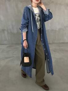 FRIFUL 女式秋季落肩长袖单排扣抽绳连帽长款牛仔夹克