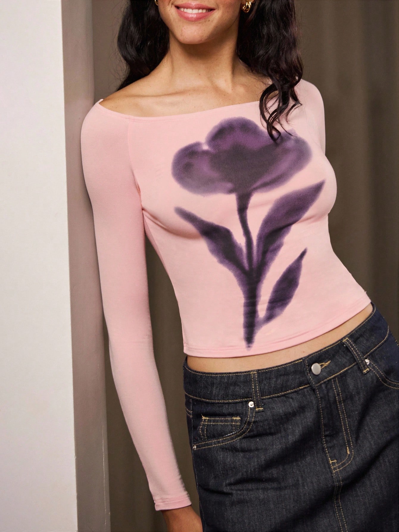 Maglietta a maniche lunghe aderente rosa con stampa floreale astratta, abbigliamento da donna autunnale e invernale