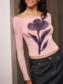 Áo thun dài tay màu hồng ôm sát in họa tiết hoa trừu tượng thời trang thu đông cho nữ - Hồng - Xem 3