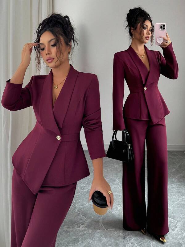 Elenzga Women's Suit Set, Suit Fabric, Lapel Collar, Long Sleeve, Waist Cinched A-Line Asymmetric Hem, Metal Button Decor, Sophisticated & Elegant For Office, Commute, Street Style, French Romantic, Casual, Middle Eastern Vintage, Afternoon Tea, Party, Thanksgiving, Back To School, Autumn/Winter
