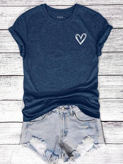 EMERY ROSE Women's Round Neck Heart Print Short Sleeve Casual Fashion Regular T-Shirt