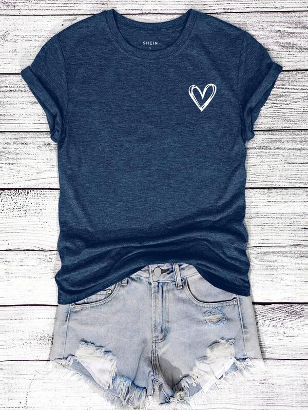 EMERY ROSE Women's Round Neck Heart Print Short Sleeve Casual Fashion Regular T-Shirt