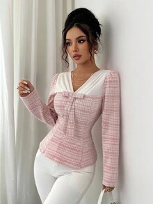 Elenzga Áo cánh tay bồng dáng chữ A thêu họa tiết vải voan cổ chữ V tay phồng thời trang xuân/thu mới của Pháp dành cho nữ - Nhiều màu - Xem 4