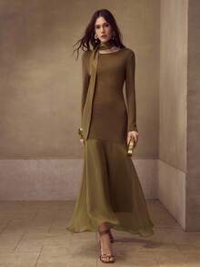 MOTF PREMIUM ĐẦM CỔ THẮT TÓC SLIM FIT - Màu Khaki - Xem 4