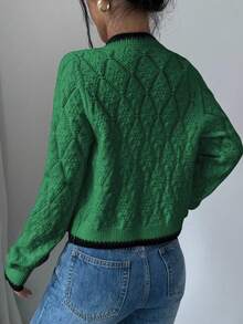 Selianne French Casual Versatile Diamond Textured Long Sleeve Pullover Knit - Green - View 3