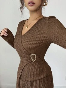 Elenzga Bộ 2 món áo quấn và quần màu trơn thường ngày dành cho nữ - Cà phê nâu - Xem 5