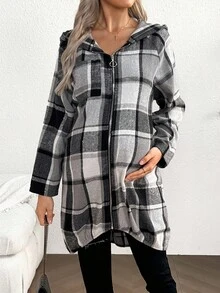 SHEIN Plaid Print Raglan Sleeve Front Zipper Hooded Maternity Jacket For Women - Multicolor - View 5