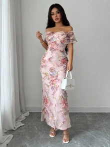 Elenzga Elegant Romantic Ruffle Off Shoulder Fitted Bodycon Dress With 3D Floral Mesh Fabric - Multicolor - View 4