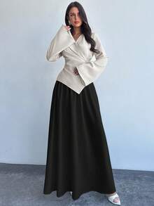 Firerie Bộ váy dài tay loe buộc eo bằng vải kaki và chân váy dài co giãn, bộ váy chữ A bó eo màu tương phản, trang phục lãng mạn thanh lịch, phù hợp để đi làm, thanh lịch, phong cách Boho, lãng mạn, hẹn hò, mùa cưới, trang phục công sở - màu đen - Xem 6
