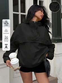 SHEIN EZwear 黑色连帽风衣夹克，落肩半透明梭织面料，四分之一拉链套头衫，女式连帽衫，秋季 - 黑色 - 查看 1