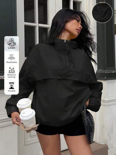 SHEIN EZwear Black Hooded Windbreaker Jacket With Drop Shoulder And Semi-Sheer Woven Fabric Quarter Zip Pullover Women Hoodies,Fall Hoodie For Women