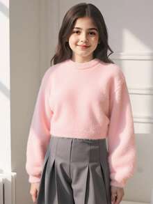 Girls Bishop Sleeve Crop Fuzzy Jumper - Pink - View 3