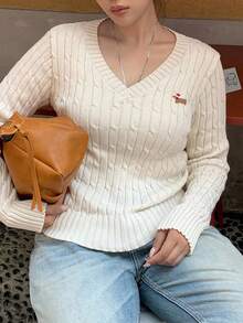 Dazy Plus Women Plus Fall Cartoon Dachshund Dog Embroidery V-Neck Cable Knit Slim Fit Long Sleeve Pullover Sweater, Spring/Autumn - Camel - View 4
