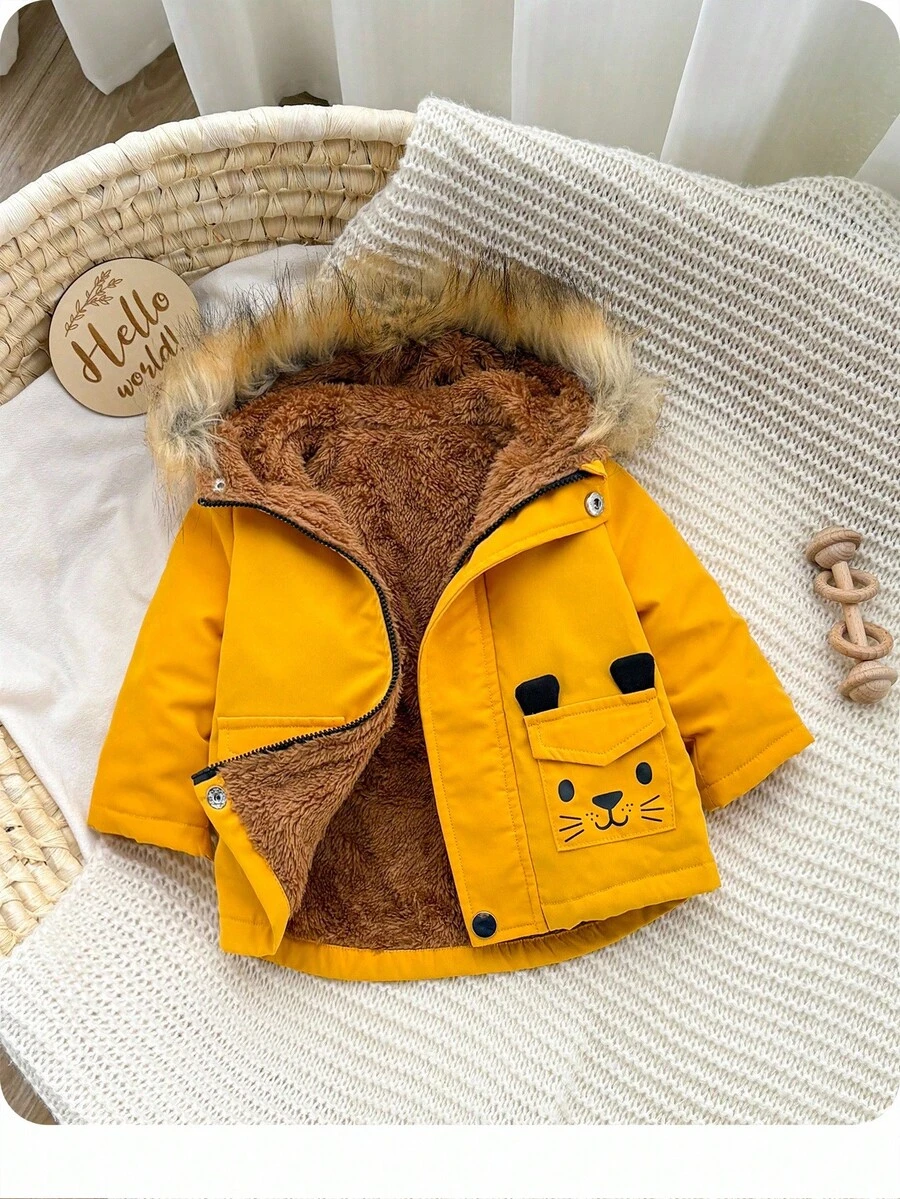SHEIN Newborn Baby Girl Cute Cartoon Pattern Hooded Jacket, Versatile For Autumn/Winter Fall - Yellow - View 1