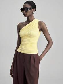 Ontre Women's Solid Color One Shoulder Asymmetric Ruched Backless Top, Versatile For Urban Commute, Business Casual, Office Wear, Teacher, Elegant For Christmas Party And Gathering - Yellow - View 7