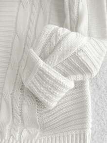 SHEIN Teen Girl White Crew Neck Loose Fit Cable Knit Sweater, Collegiate Style Casual Pullover Cropped White Sweater Fall Winter - White - View 6