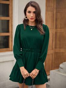 EMERY ROSE 素色後鎖孔荷葉邊紐扣細節洋裝 - 墨綠色 - 查看 3