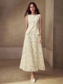 MOTF PREMIUM JACQUARD TEXTURED LACE A-LINE SLIMMING LONG SKIRT - Apricot - View 5