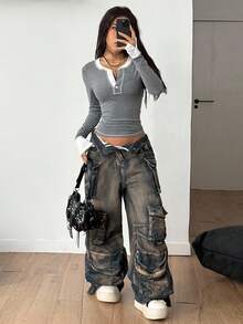 Coolane Áo thun nữ tay dài cài nút màu tương phản, dáng ôm, thường ngày - Xám - Xem 4