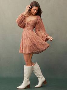 WESTFADE Embroidered Chiffon Sweetheart Neck Bow Tie Front Long Puff Sleeve Smocked Back Tiered Ruffle A Line Mini Dress Cute Fall For Women, Country Concert Outfit, Boho, Casual, Autumn, Winter